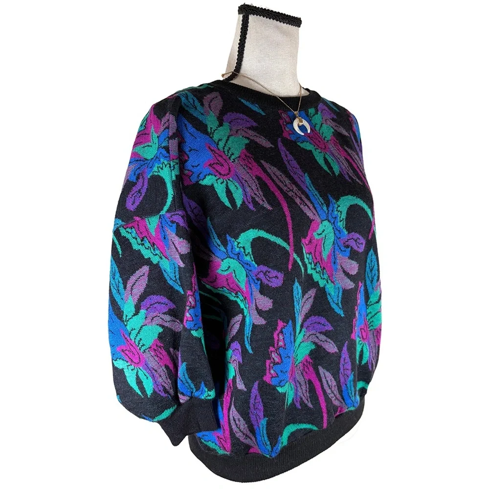 Vintage 80s Memphis Jazz Knit Sweater | Abstract Floral Neon Print | Made in USA